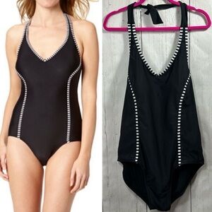 Catalina Plus Size 3X One Piece Swimsuit Black White Stripe Trim Tummy Control